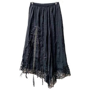 Black Asymmetrical Skirt with Black Lace and Ribbon Trimmings